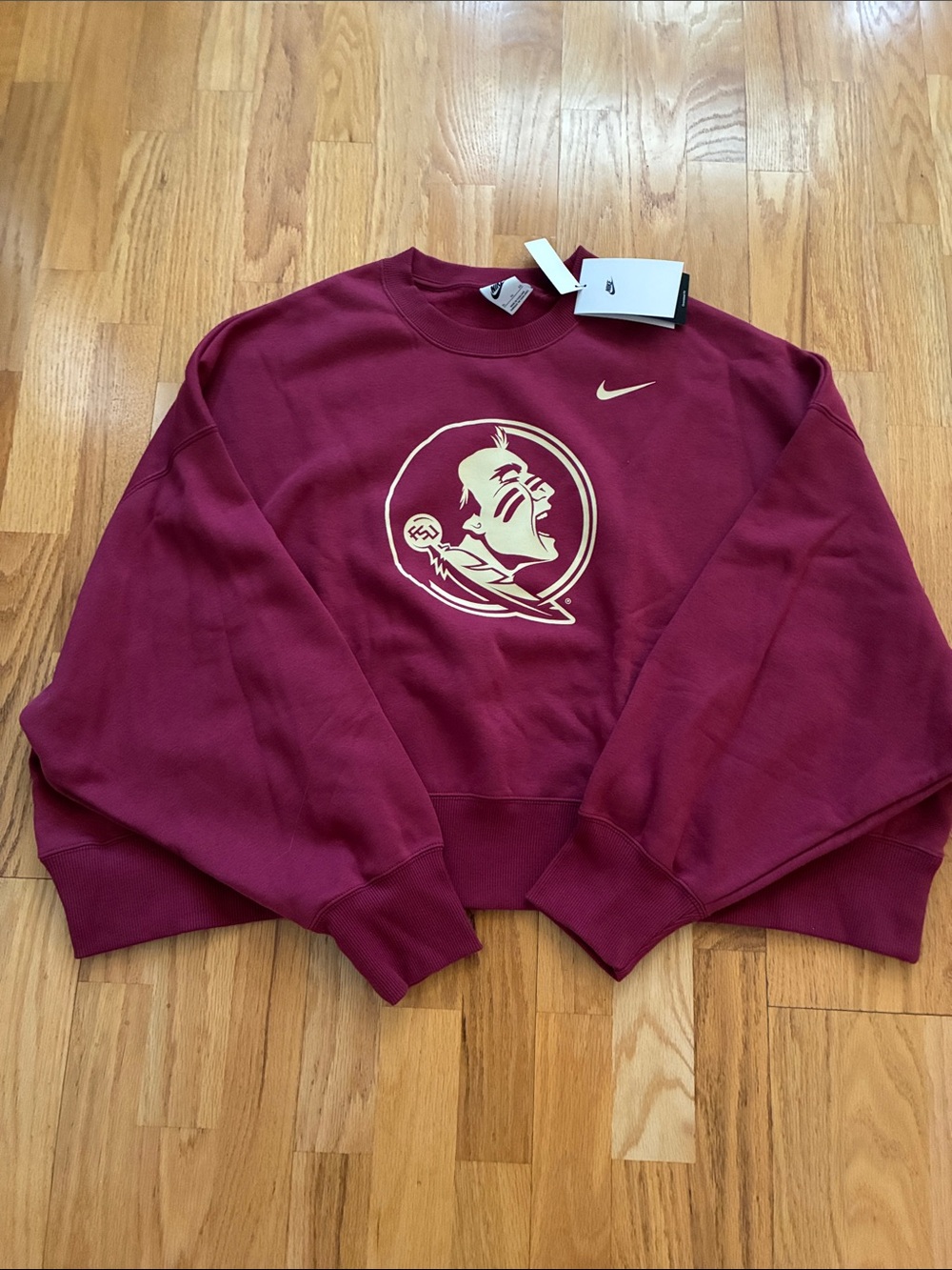 Nike Wome’s Garnet Cropped Crewneck Sweatshirt with Gold Seminole Logo